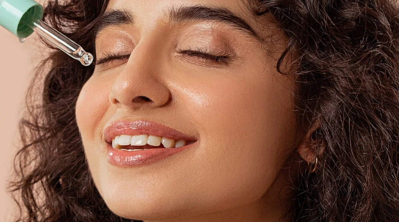 Woman applying facial serum with dropper to glowing skin, skincare beauty closeup