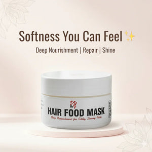 Hair food mask jar on light background with text highlighting softness, deep nourishment, repair, and shine.