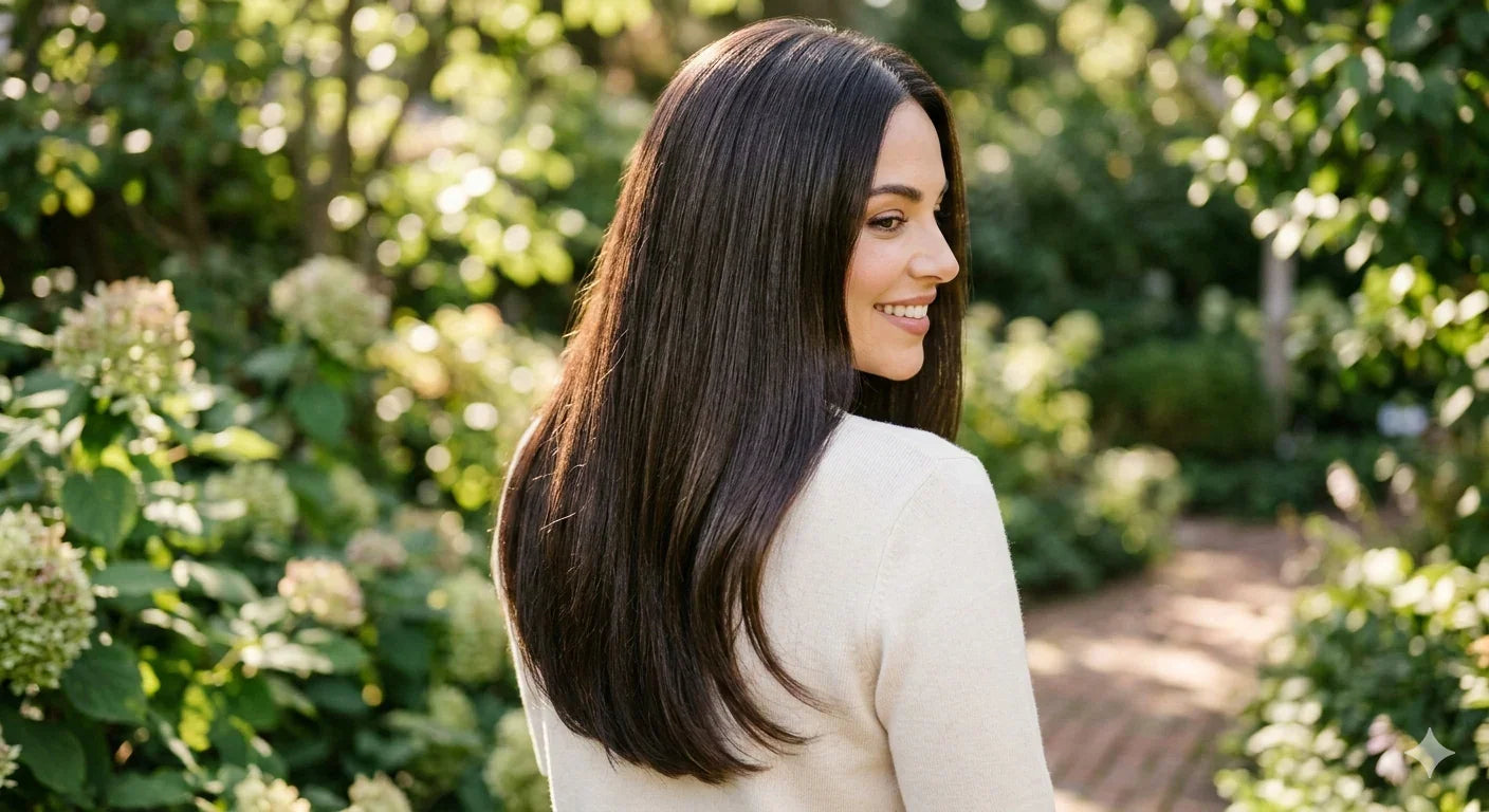 Woman with long, straight, shiny dark hair smiling outdoors in a garden setting