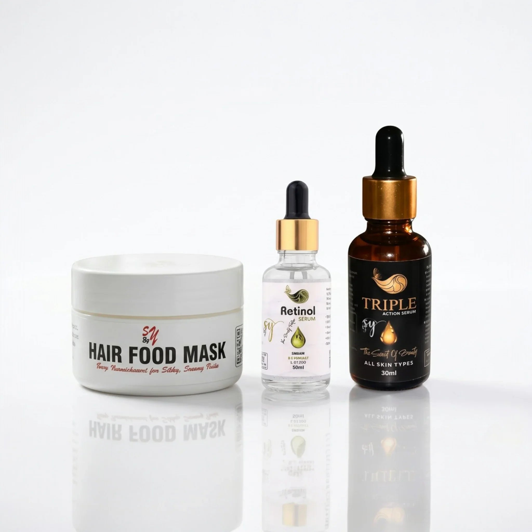 Three beauty products on white background: hair food mask, retinol serum, and triple action serum.